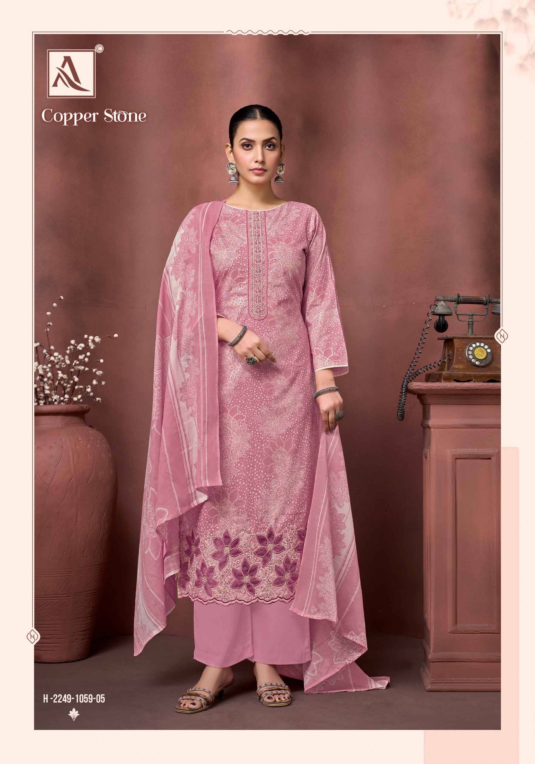 COPPER STONE 1059 By Alok Pakistani Stylish Beautiful Colourful Printed & Embroidered Party Wear & Occasional Wear Pure cotton Dresses At Wholesale Price